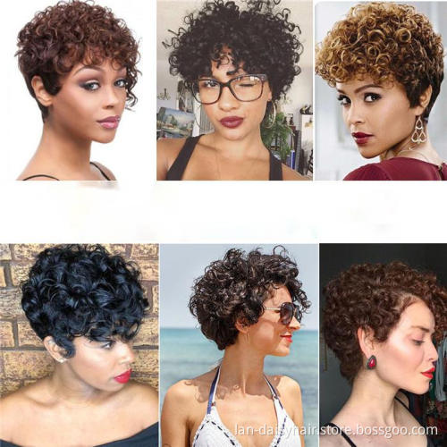 Colored Short Curly Wigs For Black Women Ombre Blonde Brown Jerry None Lace Human Hair Wig